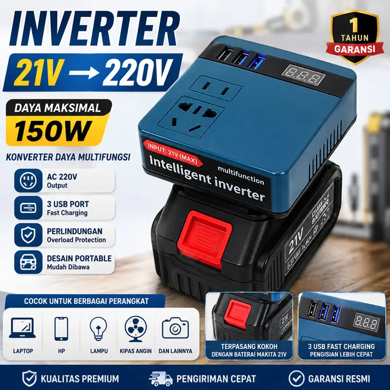 Inverter 21V ke 220V 150W Baterai Makita 3 USB Fast Charging Konverter Daya Portable