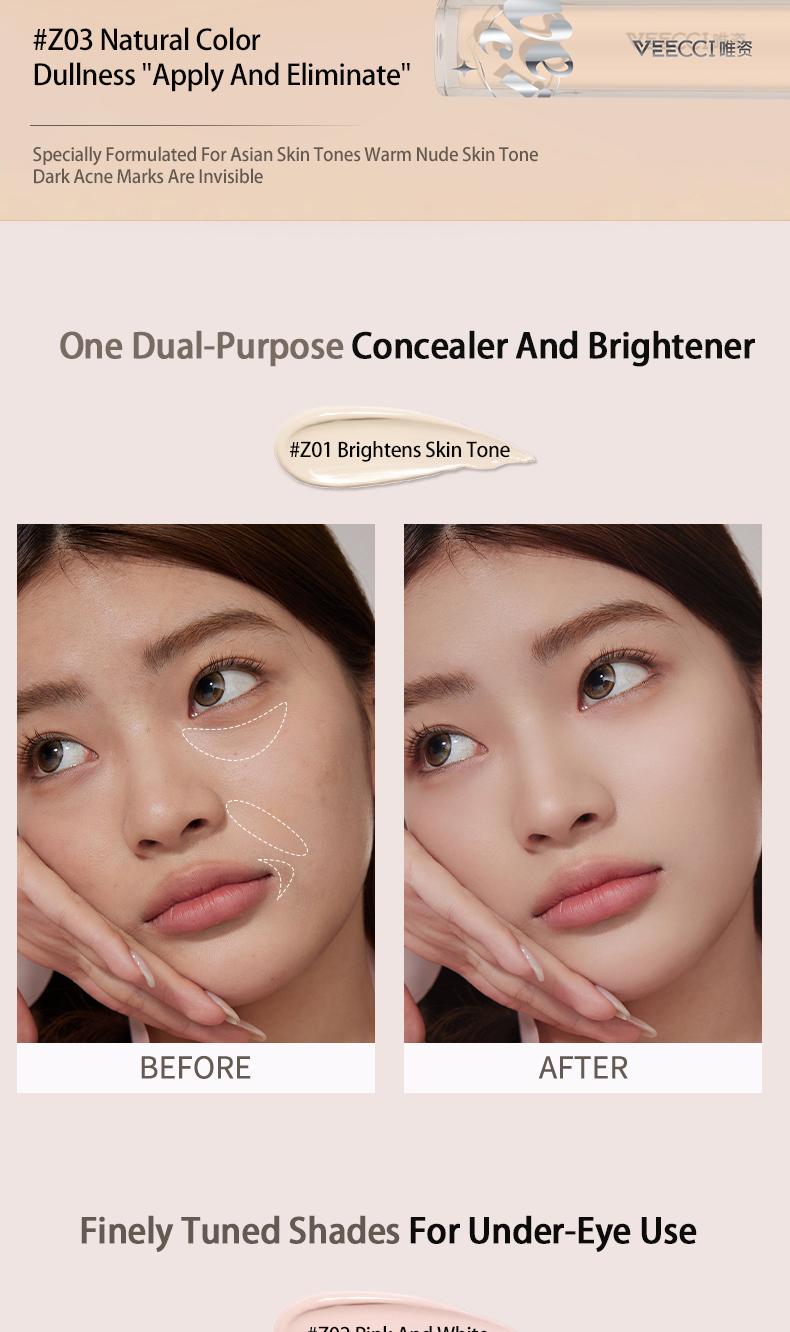 Product Introduction of VEECCI 2 in 1 Concealer & Brush Full Coverage Concealer Waterproof & Sweatproof Liquid Concealer Long Lasting Face Cosmetic 12