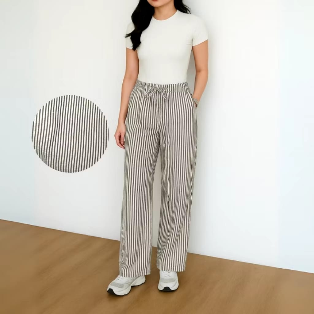 Celana Striped Pants Kulot Wanita Garis Premium Celana Kulot High Waist Cewek Kulot Tali Serut