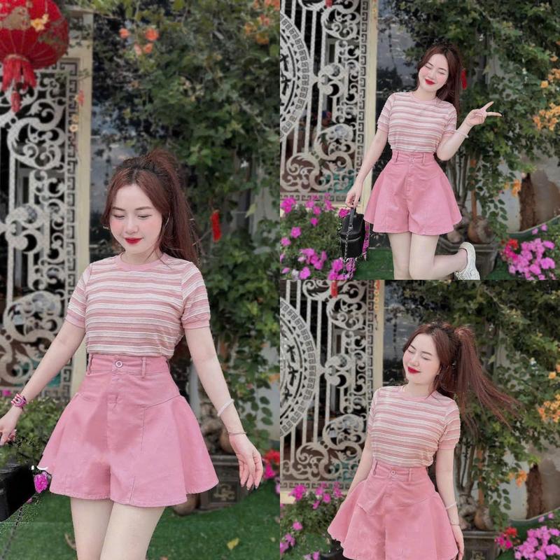 Sét bộ đồ nữ áo thun tay ngắn cổ tròn tiểu from ôm phối quần kaki dễ thương cho nàng dạo phố 
