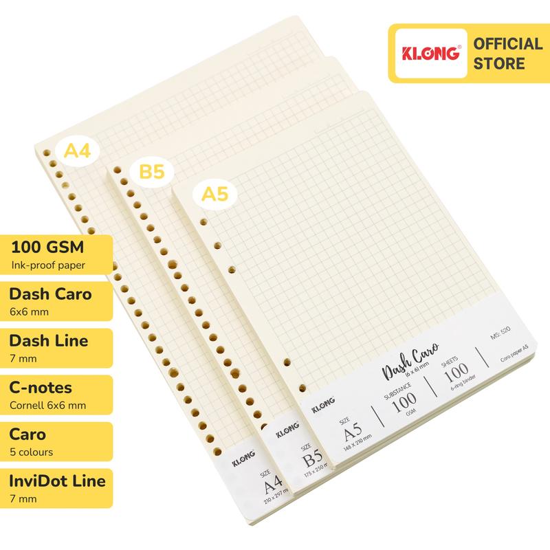 Ruột sổ còng giấy refill KLONG 100GSM Dash Caro Dash Line A5 B5 A4 200 trang