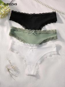 Tanga de encaje en contraste con decoración de lazo para mujer, braguita transpirable suave y cómoda informal para uso diario, ropa interior para todas las estaciones