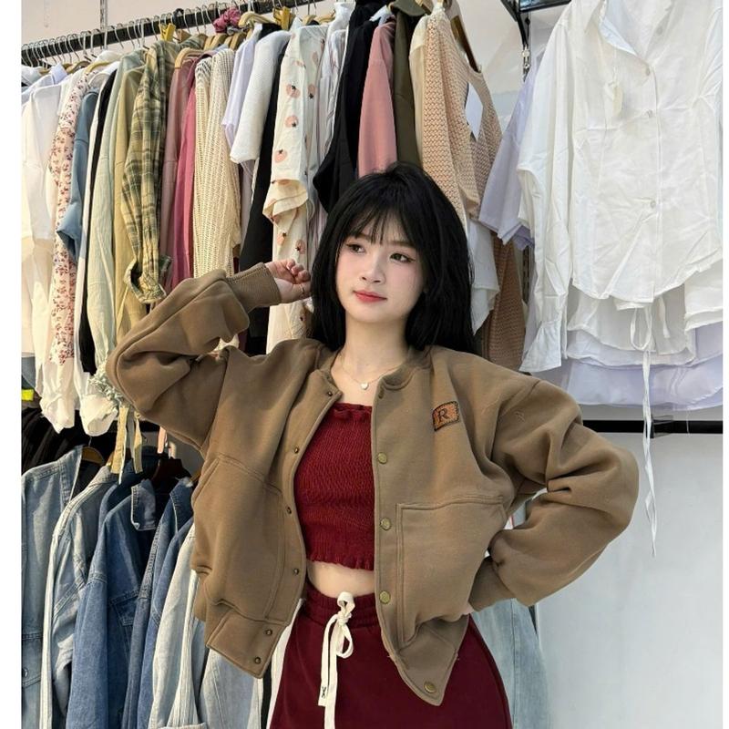 Áo Khoác Bomber Nỉ Nữ Logo R logo da thêu áo nút chắc chắn chất nỉ dày đẹp