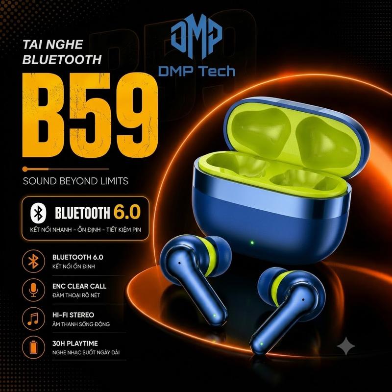 Tai nghe bass B59 âm thanh tws sống động BlueTooth 6.0 . pin 24 giờ kết hợp ổ sạc khi đầy Bảo hành 12 tháng