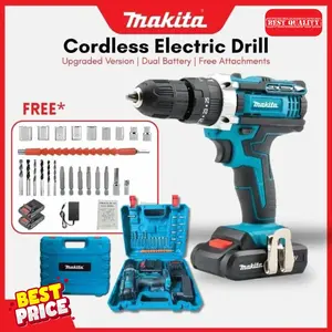 Makita Cordless Electric Drill 2 Baterai Cas 10mm Bor Listrik Murah Bor Tangan Baterai Besi Tembok Beton Kayu