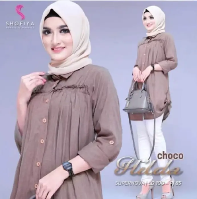 Tunik Hilda Wanita Supernova Berkualitas Tinggi Model Kekinian 2024 - Muslim, Panjang Baju Atasan Renda Kancing Katun