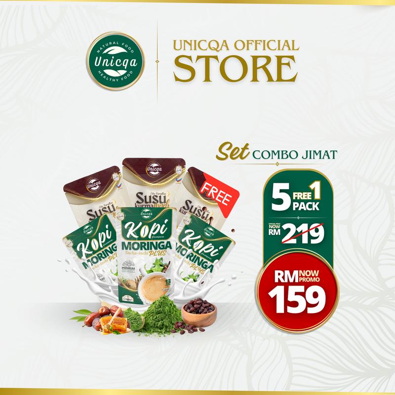 SET COMBO RAYA ( 5 pack + 1 pack ) KOPI MORINGA & SUSU KURMA UNIQCA ...