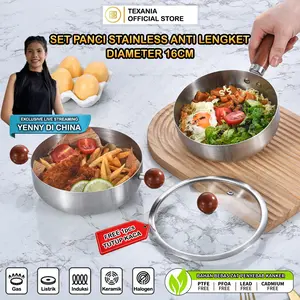 [EXCLUSIVE YENNY DI CHINA] TEXANIA SET Panci dan Saucepan Stainless Steel Anti Lengket Anti Karat Diameter 16cm Gagang Kayu Lembut Tahan Panas Kitchenware