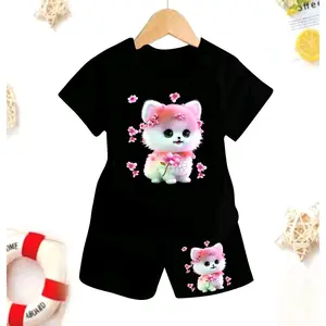 Setelan anak anak cewek cowok gambar KUCING usia 1-6 Tahun Katun Perempuan