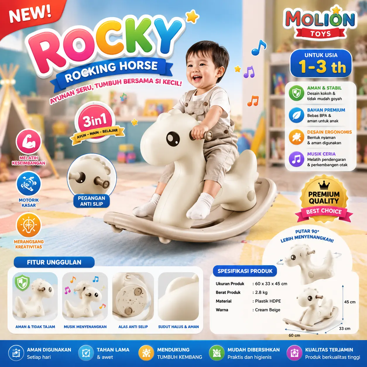 Molion Mini Kuda-Kudaan Anak M1008 Baby Rocking Horse & Edukatif Usia 1-3 Tahun Bahan Plastik Ukuran 69x20x40cm Warna Cream dan Putih