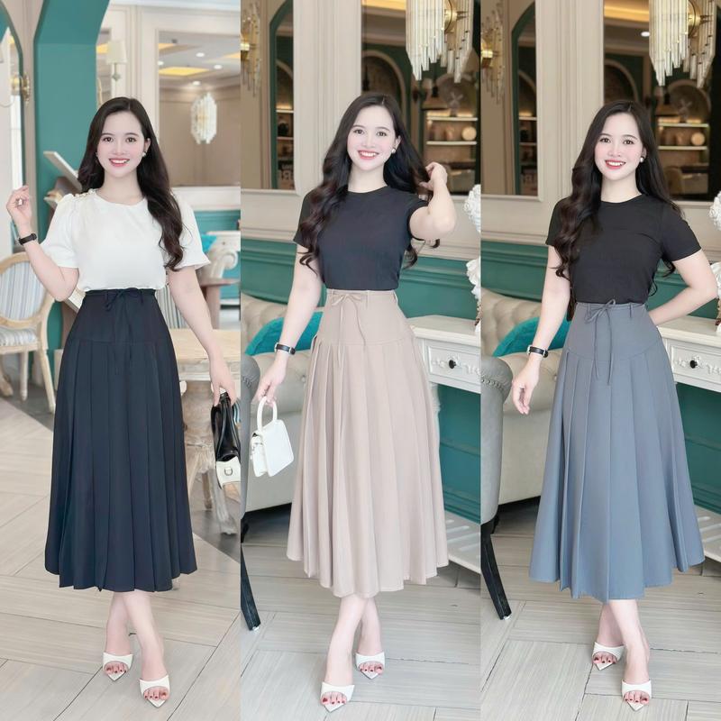 Chân váy nữ (KHÔNG KÈM ÁO) thiết kế Nhật Vy xếp ly dáng dài kèm belt bigsize chất lụa dự tiệc công sở văn phòng màu đen nâu xám - D3289