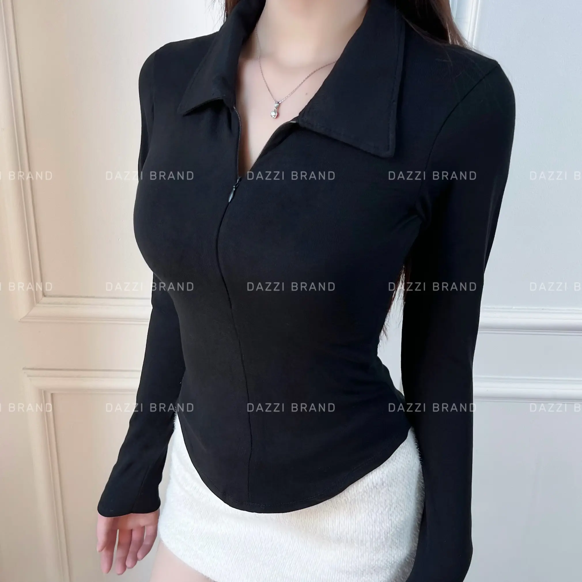 Áo thun nữ cổ bẻ tay dài phối dây kéo ôm dáng vạt bầu vải cotton mịn DAZZI Polo Women TD022 | BigBuy360 - bigbuy360.vn