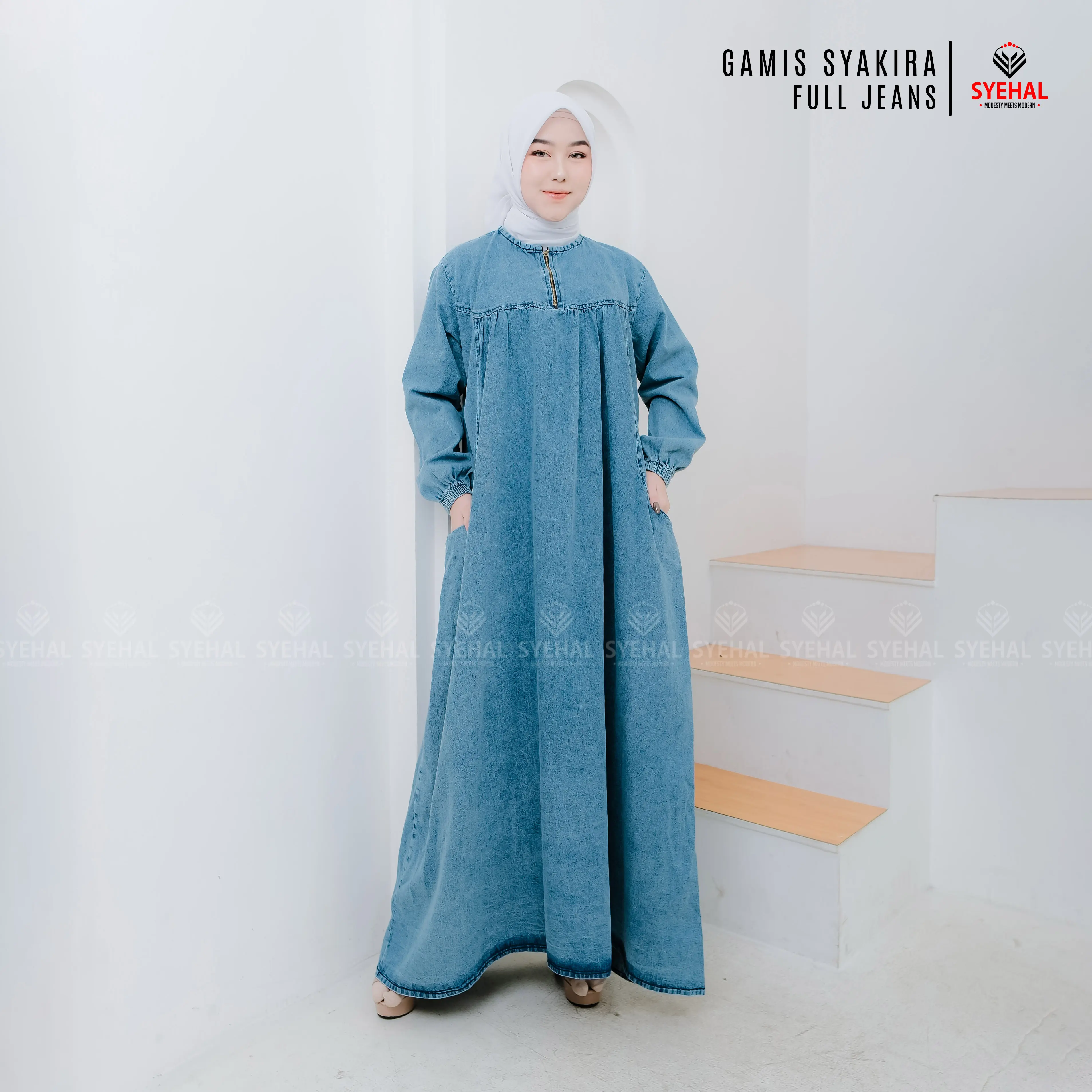 Syehal Collection GS-03 Syakira Gamis Jeans Maxi / Baju Muslim  Gamis Dress Wanita / Pakaian Wanita Gamis Lebaran