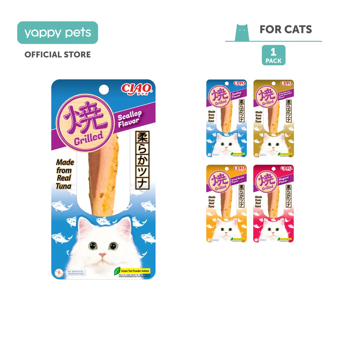 Ciao Grilled Tuna Fillet Cat Treats 15g | Meal Topper, Meow Maguro Scallop Dried Bonito Seaweed Powder