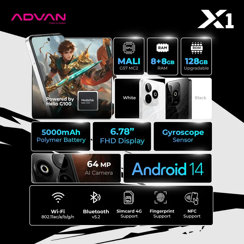 [Exclusive Baim Wong] ADVAN X1 Mediatek Helio G100 8GB+8GB/128GB High Refresh Rate 120Hz IPS FHD+ Sony 64MP Big Battery 5000mAh AI Camera UFS 2.2 NFC Fingerprint Android 14 Gaming Smartphone Handphone Fast Charging 1