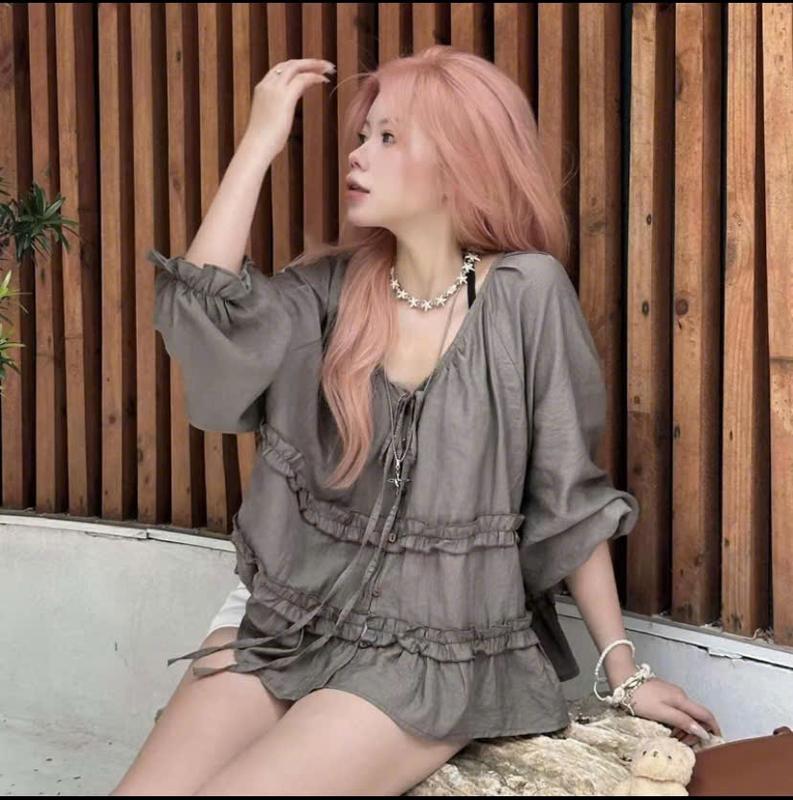 Áo sơ mi nữ A.768, Áo sơ mi dáng rộng cổ V tay túm dài phối viền bèo cổ buộc nơ phong cách vintage - Shop Chấm Bi