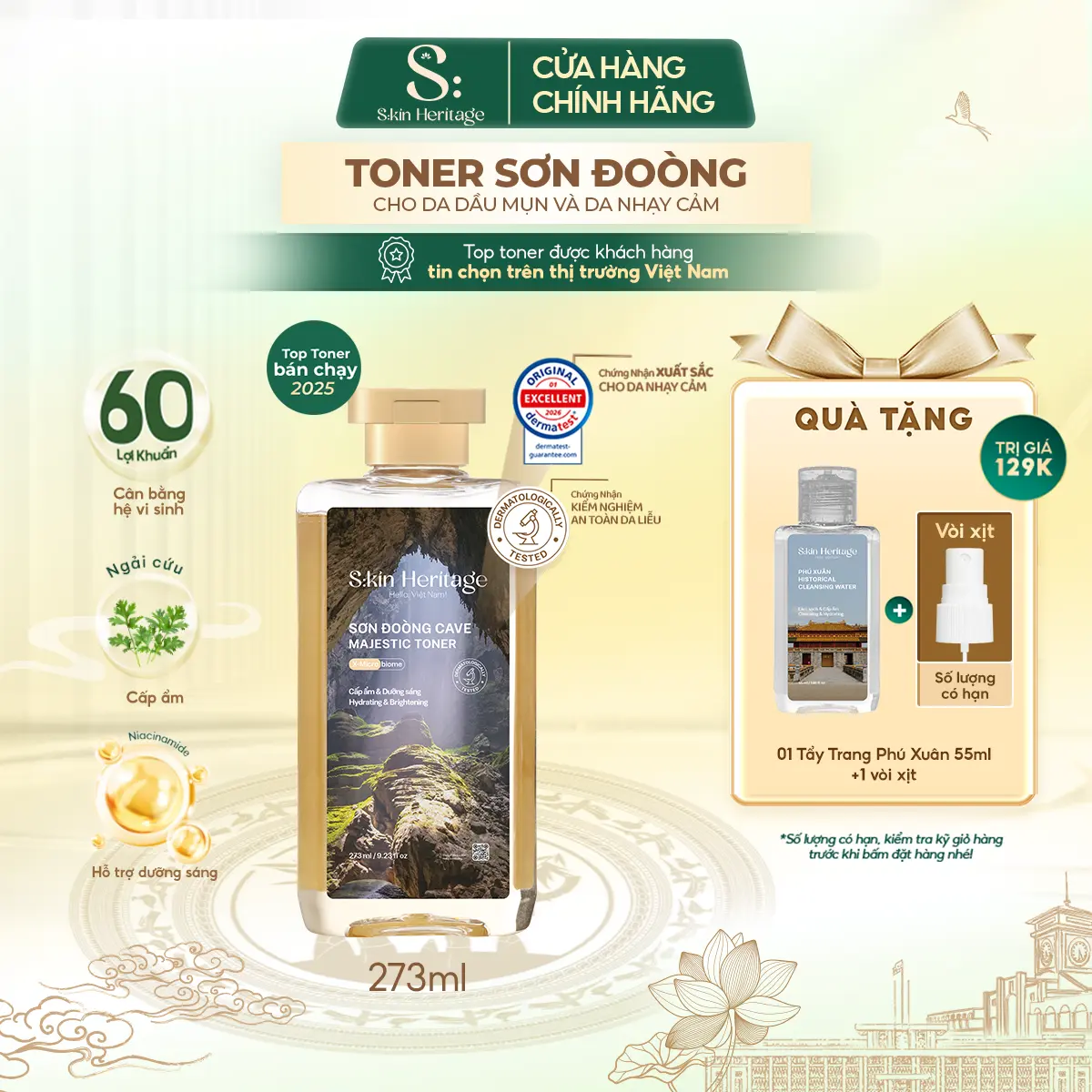 [KOL] Toner Sơn Đoòng Dưỡng Ẩm Da, Làm Dịu Và Cân Bằng Độ Ẩm Cho Da Dầu Mụn và Da Nhạy Cảm SKIN HERITAGE Toner Cấp Ẩm Cung Cấp Đến 60 Lợi Khuẩn 273ml