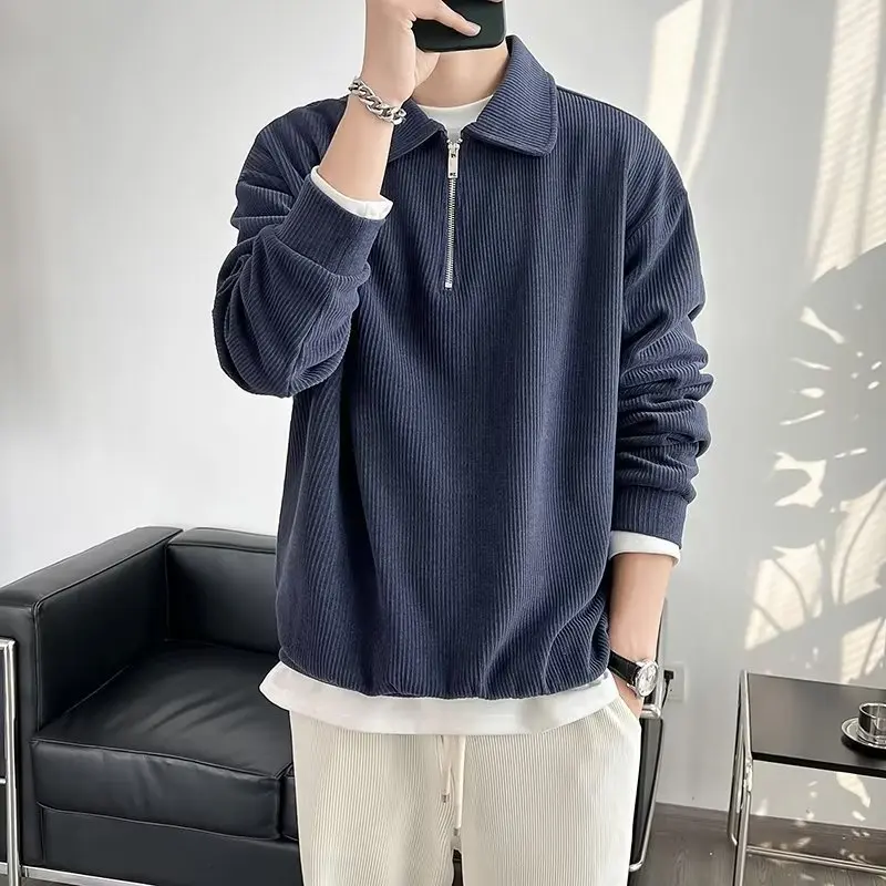 【5 Color】Men's High-Quality Corduroy Sweatshirt Korean Version Fashion Loose Half-Zipper Lapel Collar POLO Solid Color Long-Sleeved Casual Card