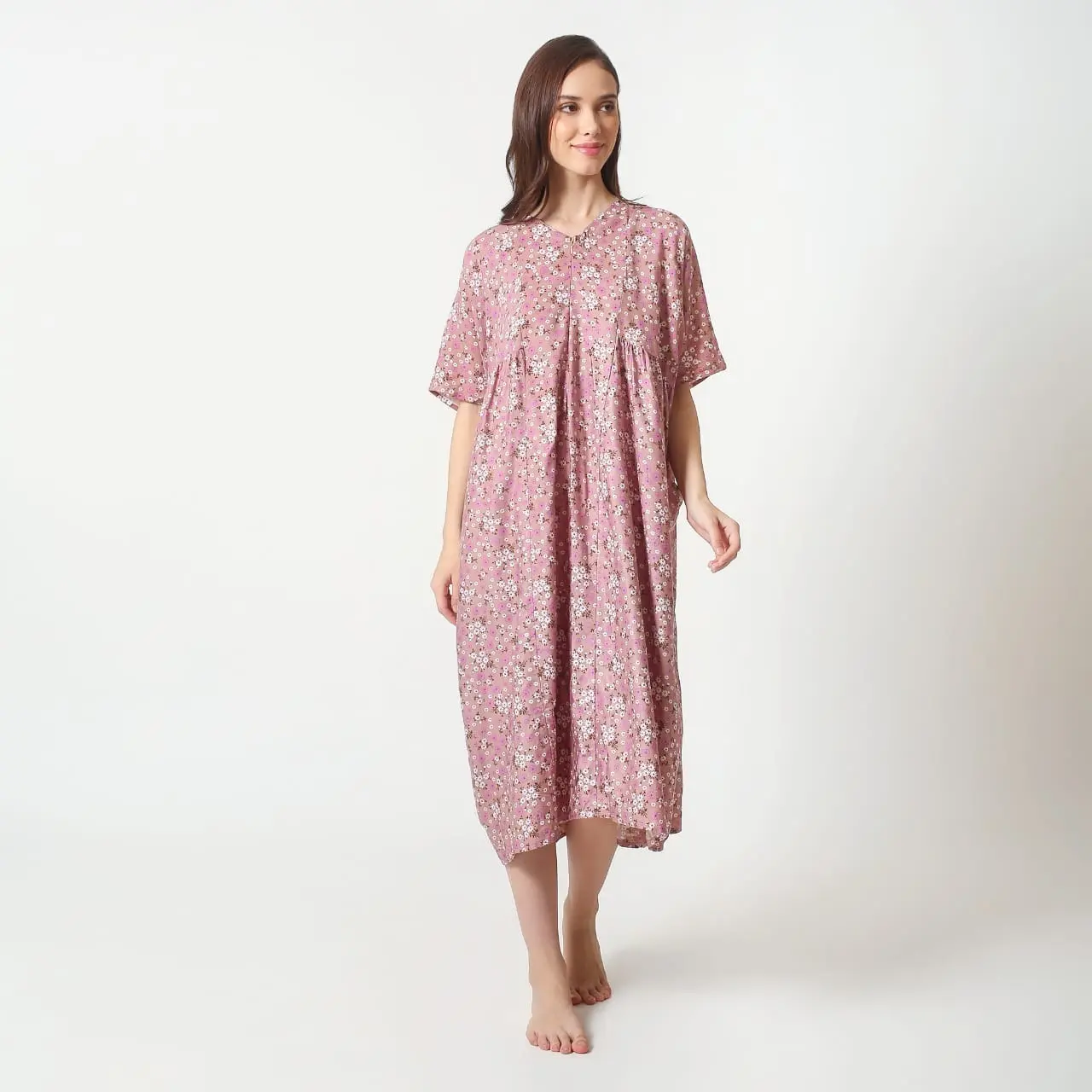 Dress Casual Pendek Ruffle Cantik Rayon Wanita Dewasa Motif Bunga Flower Fall Lembut Nyaman Baju Gaun