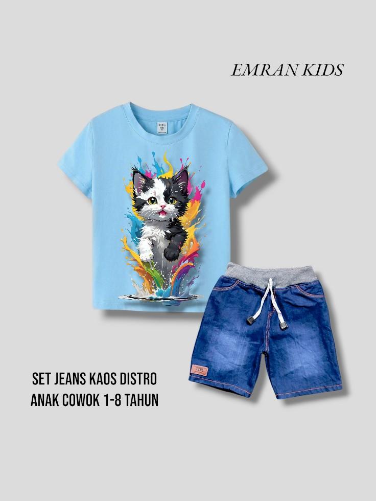 one set anak laki laki jeans ripped kaos distro motif cross line GTA katun adem usia 1-8 tahun Fashion Cowok Cewek Bunda Parsel