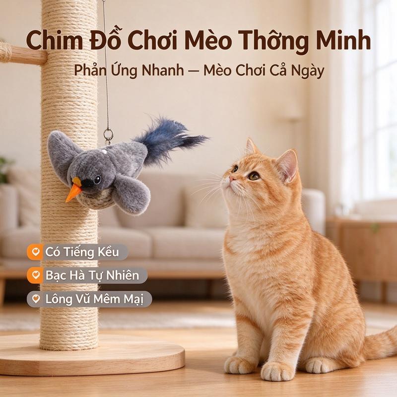 Đồ chơi cho mèo hình chim phát âm thanh tự động, tương tác giải buồn, giúp tiêu hao năng lượng cho mèo nhỏ, que chơi mèo, sản phẩm thú cưng, chuông cho mèo