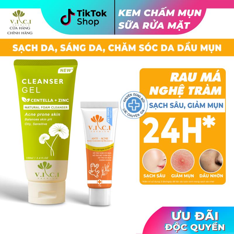 Combo Sữa Rửa Mặt Rau Má Và Kem Chấm Mụn Nghệ Tràm VICI Dành Cho Da Dầu Mụn - Hỗ Trợ Da Dầu Mụn Làm Sạch Da Sáng Da Làm Đẹp Da Skincare 