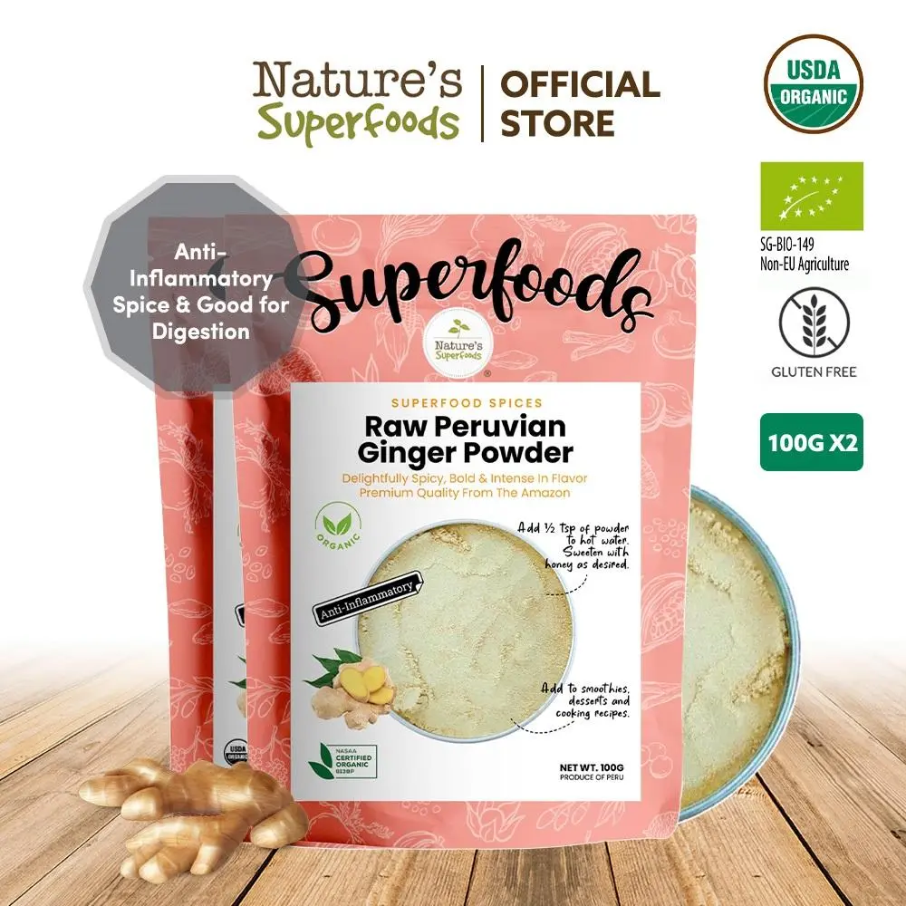 Bundle Deal: Nature's Superfoods Organic Raw Peruvian Ginger Powder Spice 100g x 2 l Delightfully Fragrant, Spicy
