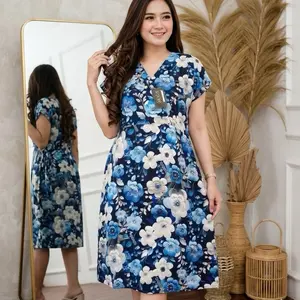NEW-Daster Busui Rani Bahan Rotary Ld 110 Dress Wanita Motif Bunga Biru Putih