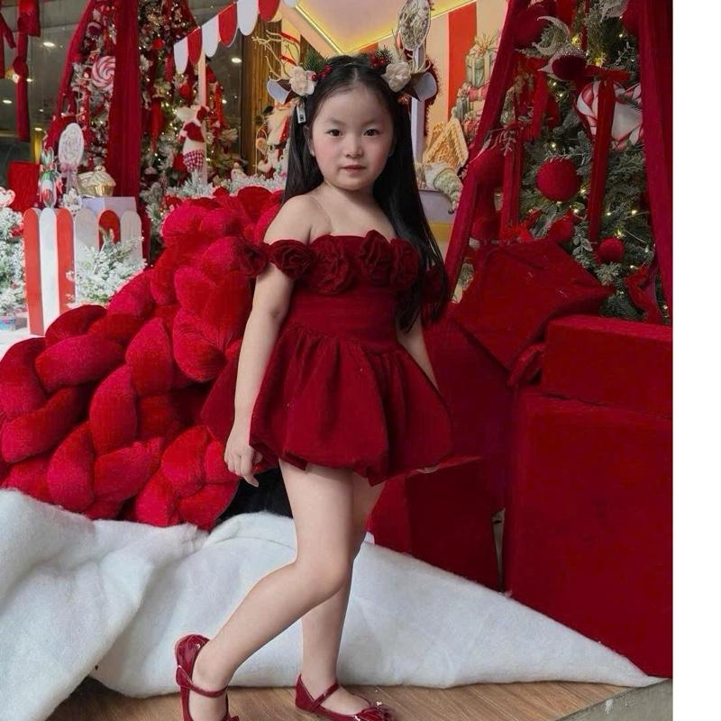 MỘC BABY STORE - Váy nhung đỏ mặc tết ,noel kiểu đính hoa bẹt vai điệu đà xinh yêu.