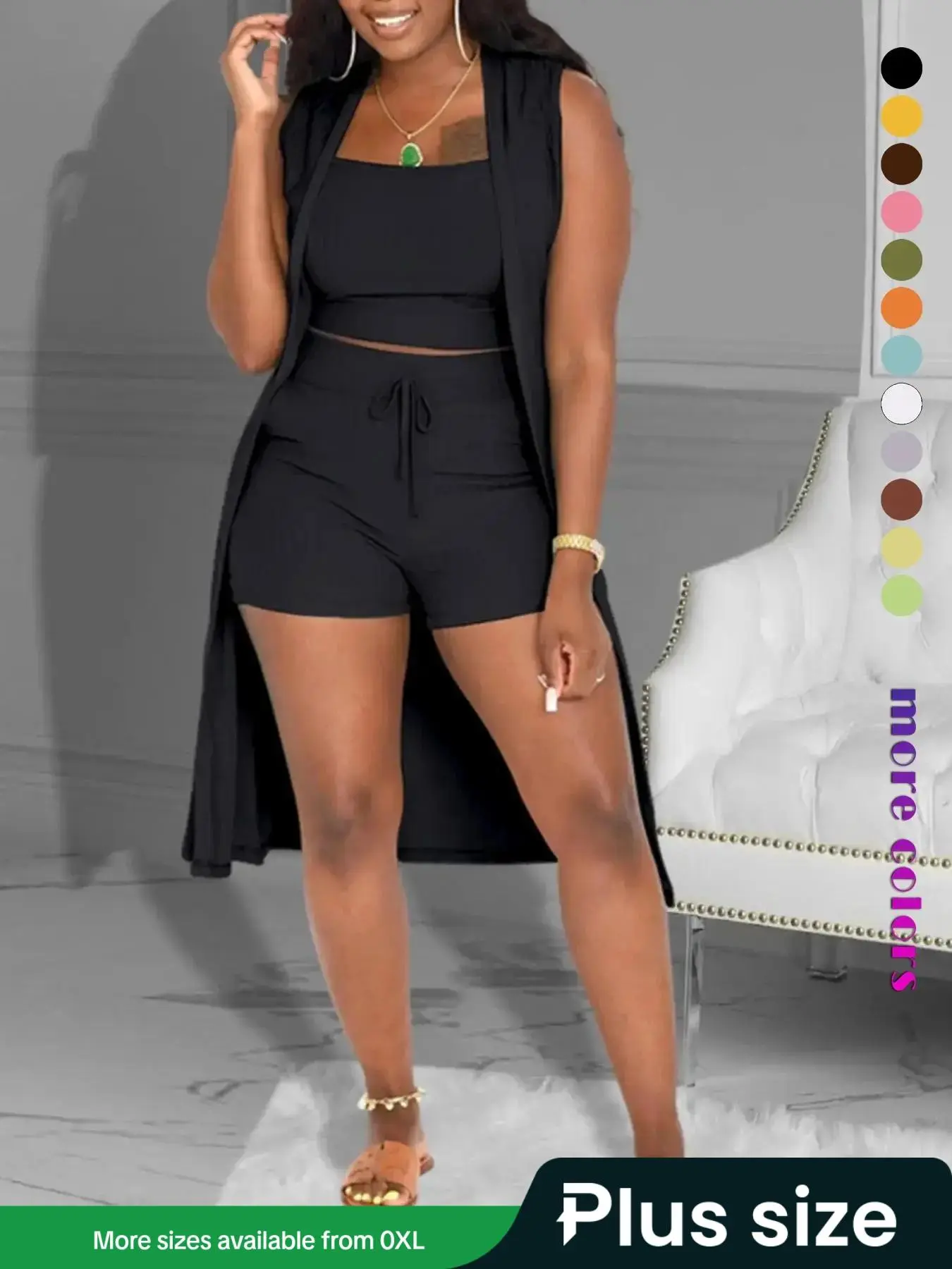 【Plus Size】 Three-piece Set Solid Color Top & Shorts & Open Front Sleeveless Outwear Set, Casual Fashion Cozy Outfits for Daily Outdoor Wear, Women Clothing for Summer