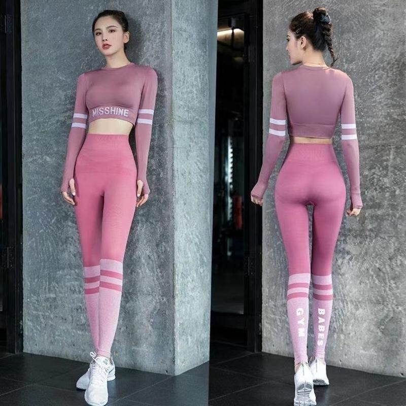 Bộ Đồ Mặc Tập Yoga, Flyblue, Dành Cho Nữ, Áo Dài Tay, Quần Cropped Gợi Cảm, Mỏng Vừa Vặn, Độ Đàn Hồi Cao, Quần Chạy Bộ Thể Dục, Phong Cách Thể Thao 2