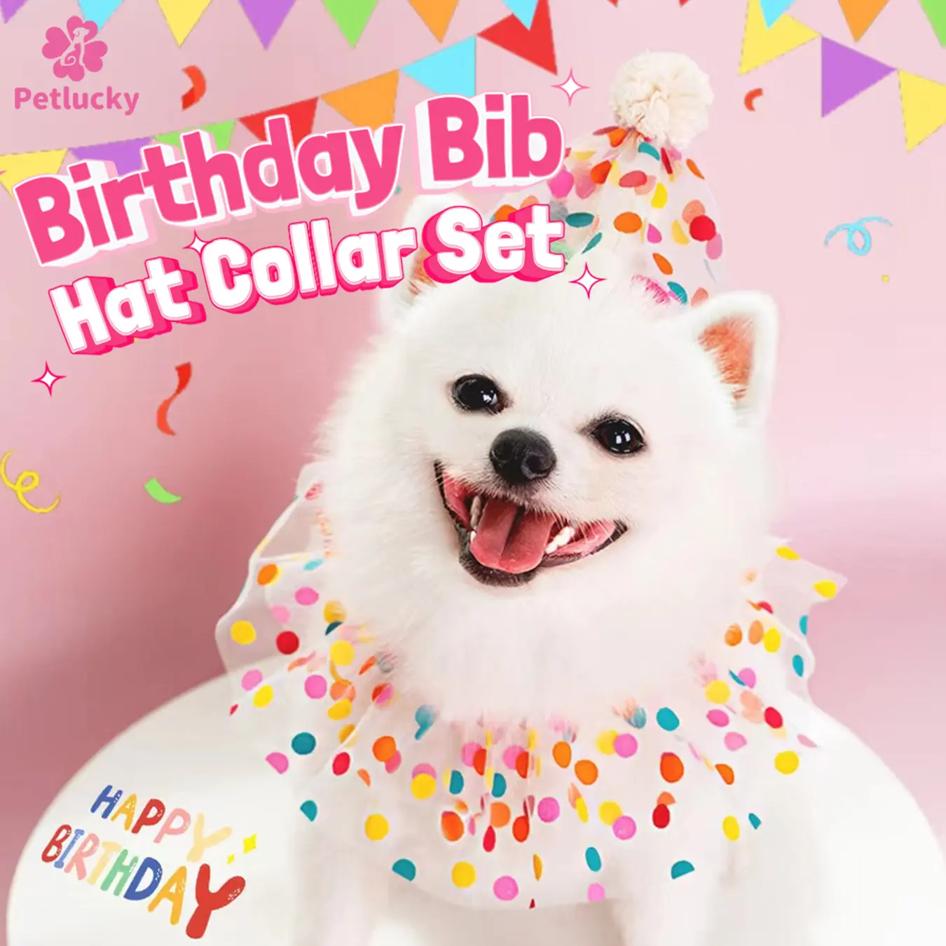 PetLucky Birthday Collar Topi Bib Polkadot Aksesoris Ulang Tahun Anjing Kucing Satu Set Bisa Instant