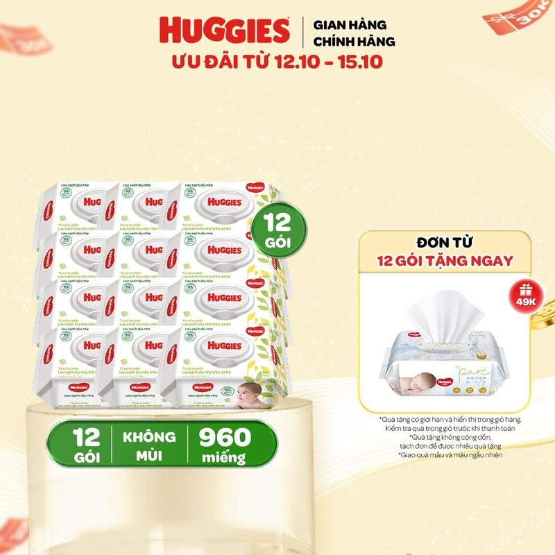 [Tặng từ 12 gói] Thùng khăn giấy ướt em bé Huggies (Không mùi dịu nhẹ 12 gói/80 tờ, Không mùi tinh khiết 8/16 gói 80 tờ, Bơ hạt mỡ 16 gói/80 tờ)