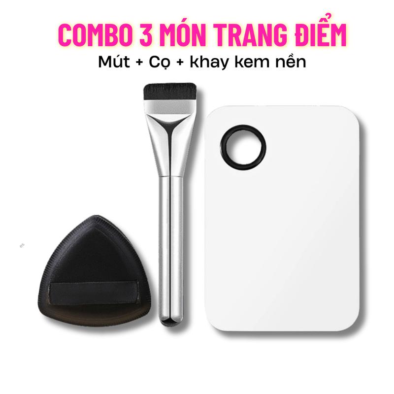  Combo 3 món trang điểm gồm khay quét kem nền mút và cọ quét kem nền 