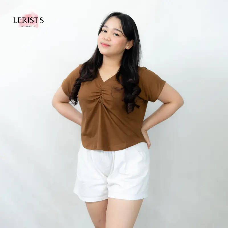 VNECK CROP KERUT DADA LERIST- Atasan wanita Crop top tee polos Kaos Katun Leher V Wanita Cotton Combed 30s Premium Lerist T-Shirt Polos Baju Pendek Lerist Basic Panjang 1