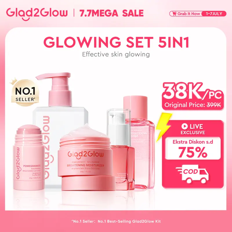 [New] Glad2Glow Glowing bundle all in 1 - 2/3/4/5 PCS Skincare Paket-Brightening toner+Brightening Moisturizer+Cleanser+Brightening Serum Pomegranate Niacinamide Extract Hitam Mencerahkan Wajah Mencerahkan Melembabkan Kulit skin skincare G2G 0
