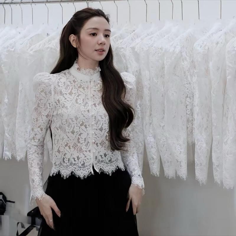 Áo Sơ Mi REN Có Lớp Lót Tay Dài Cổ Tàu tiểu Thư - Hân Linh shop