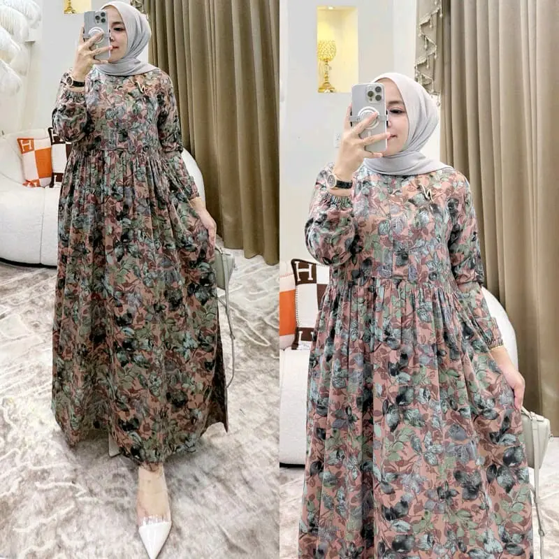 Midi dress wanita motif terbaru busui bahan rayon adem jumbo Nyaman Bunga