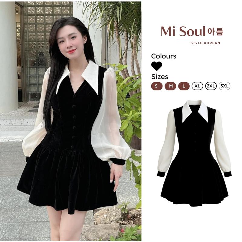 Váy Nhung Nữ Cổ V Dáng Xòe Tiểu Thư Phối Tay Phối Tơ Điệu Đà BigSize MiSoul Đầm Thiết Kế Dáng Ngắn Cổ Bẻ 364 Kem Women