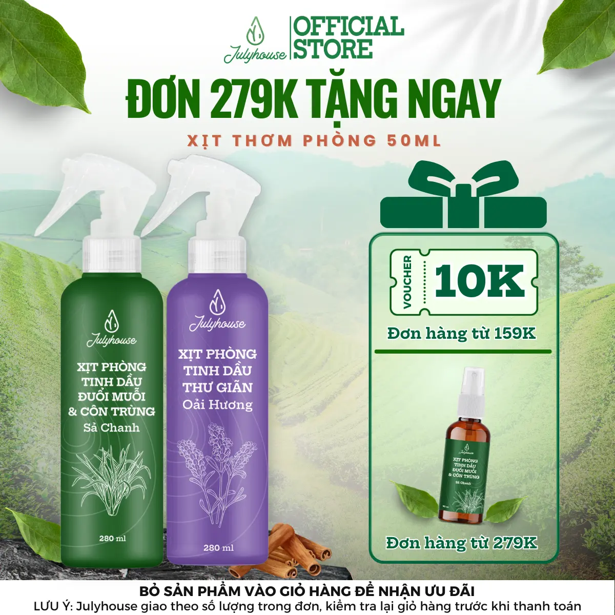 . COMBO BÌNH XỊT PHÒNG TINH DẦU OẢI HƯƠNG, SẢ CHANH, BẠC HÀ, QUẾ, BẠCH ĐÀN CHANH JULYHOUSE 280ML THƠM PHÒNG KHỬ MÙI HIỆU QUẢ (MÙI TỰ CHỌN)