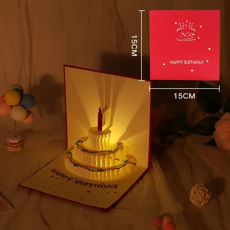 Kartu Ucapan Pop Up 3D Bentuk Kue Ulang Tahun Dengan Lampu + Musik& Cards 3