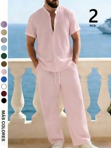 Conjunto casual de 2 piezas para hombre: camisa Henley de manga corta y pantalón holgado, ligero, transpirable y con apariencia de lino. Perfecto para verano en la playa, moda urbana.
