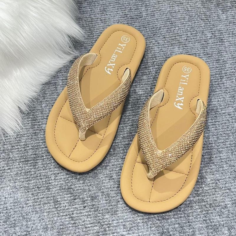  Dép Kẹp Nữ Mũi Tròn Quai Đá Sáng Bảng To  35-39  - Giày dép nữ - DéP Shoes Nhung - Đen Kem - Women 