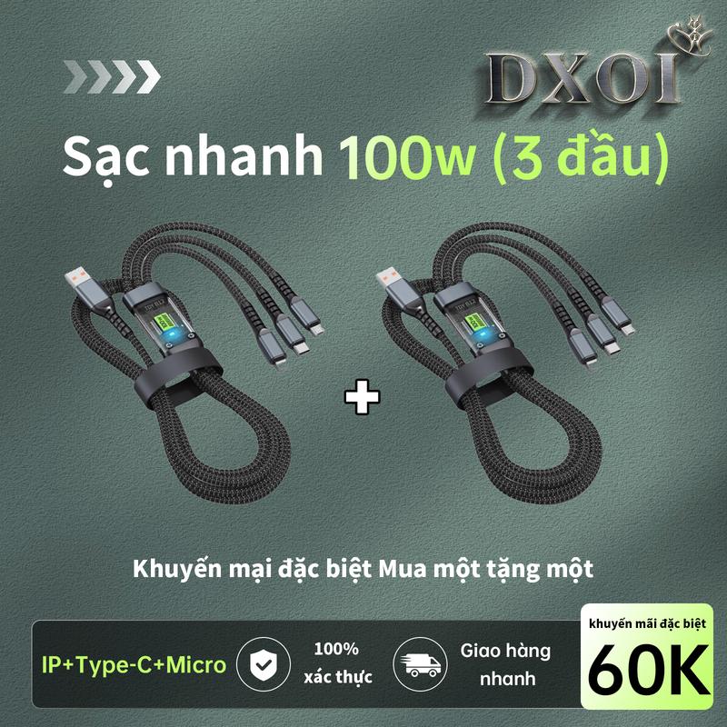 [Mua 1 tặng 1]Cáp sạc siêu nhanh 3 chân 100W ổ cắm USB phù hợp với sạc nhanh TYPE-C, cáp sạc điện thoại di động ba trong một IP và micro, phụ kiện sạc nhanh 100w dài 1,2M, tổng cộng 2 chiếc.