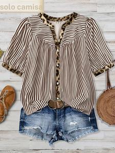 Blusa de talla grande con rayas y patchwork de leopardo, cuello en V, mangas abullonadas, top holgado, vestido casual para verano, uso diario, oficina, cita, viaje