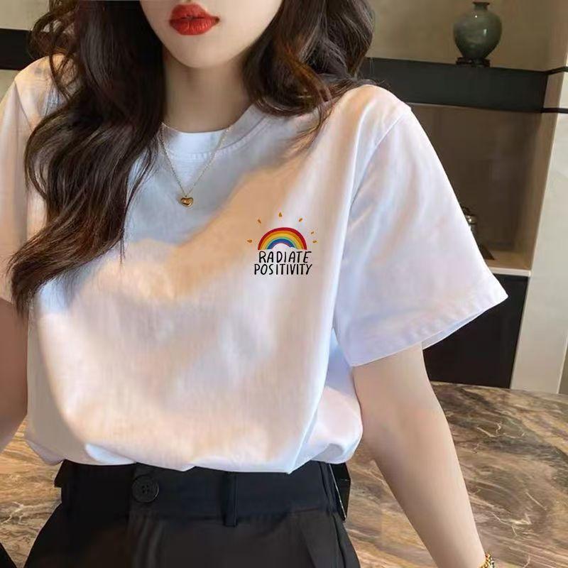 Product Introduction of Western style short sleeved printed summer new white shoulder half sleeved casual style sports top loose and versatile slimming T-shirt 18