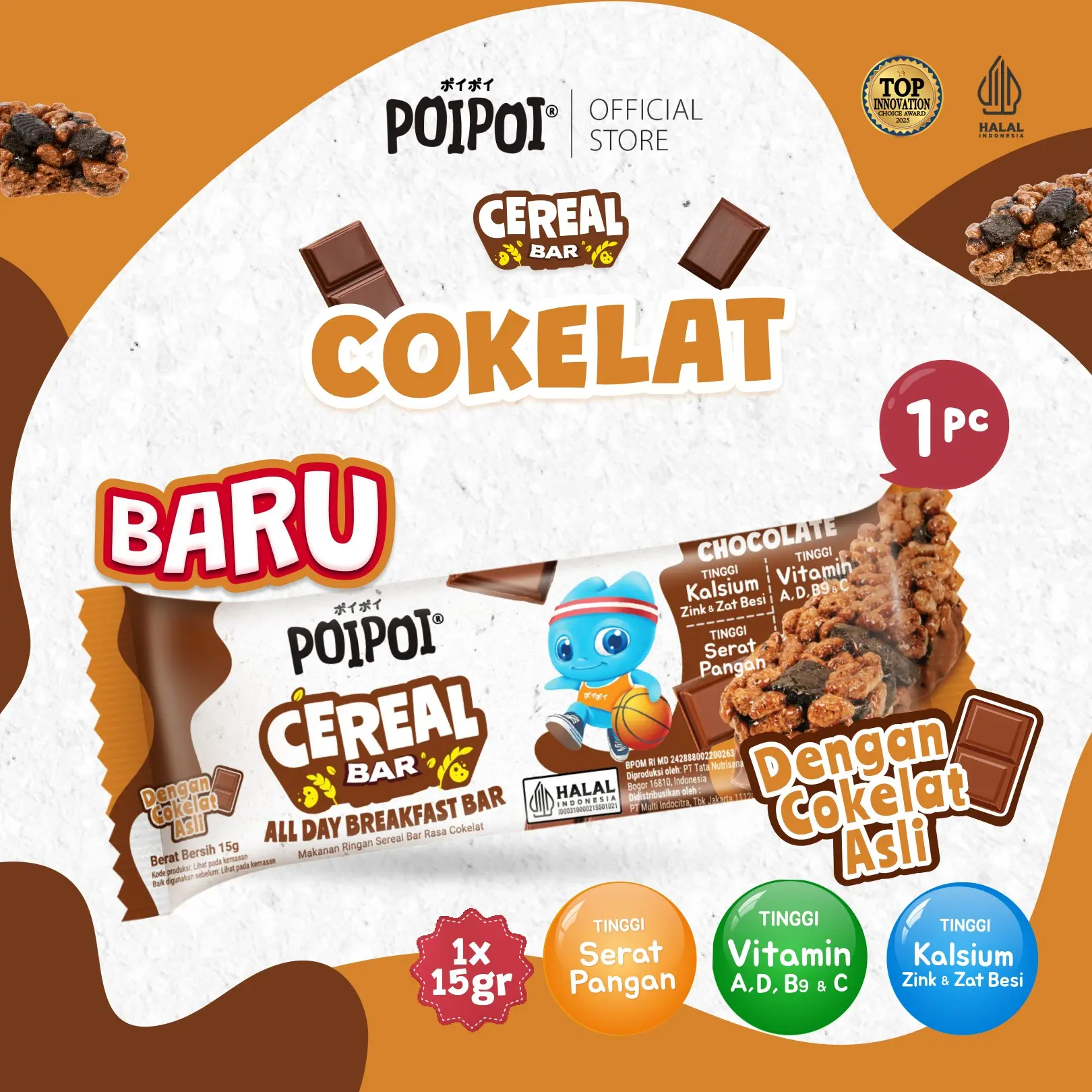 POIPOI Cereal Bar Rasa Cokelat 15g | Cereal bar bergizi | Cemilan Anak | Sarapan Instant | Tinggi Vitamin | Tinggi Kalsium | Cokelat Asli