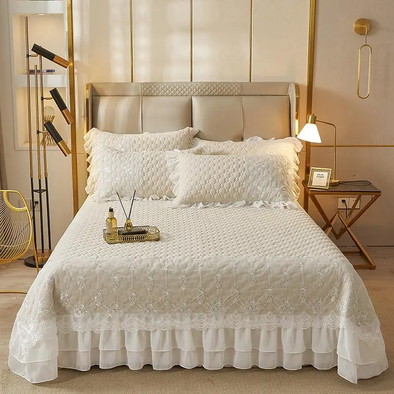 1 PC Princess Style Bedspread Queen/King /Super King Size White Color Double Lace Ruffles Quilting Mattress Cover/Blanket/Quilt/Pillowcase