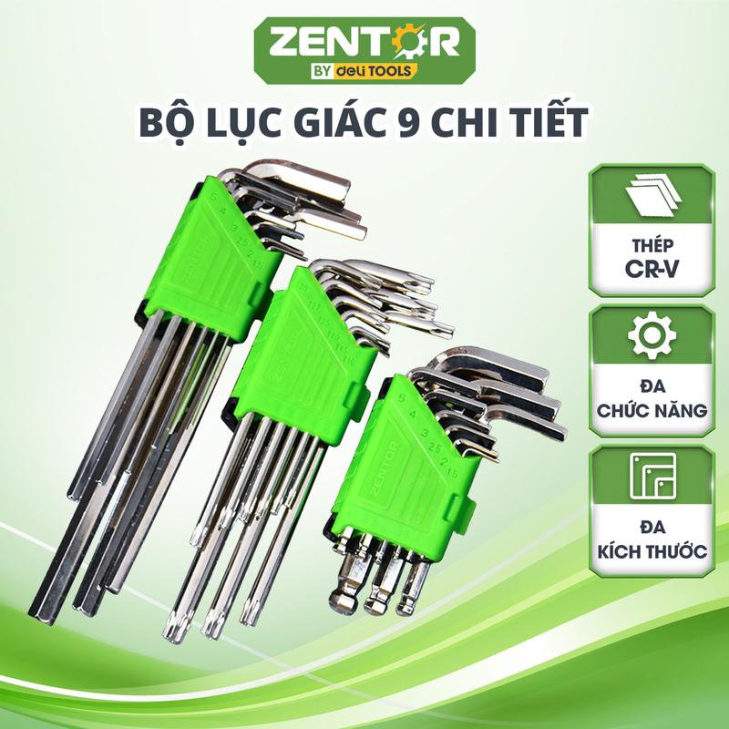Bộ Lục Giác 9 Chi Tiết Zentor Đầu Bằng - Bi - Hoa Thị Đa Năng Làm Từ Thép CrV Chống Mòn Gỉ, Đa Dạng Kích Cỡ Giúp Cầm Nắm Thao Tác Dễ Dàng