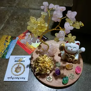 Ornamen Pohon Kristal Lucky Cat - Rahasia Fengshui  Terbaik Untuk Menarik Rejeki Cinta Kasih dan Keberuntungan dengan Batu Citrine dan RoseQuart Asli